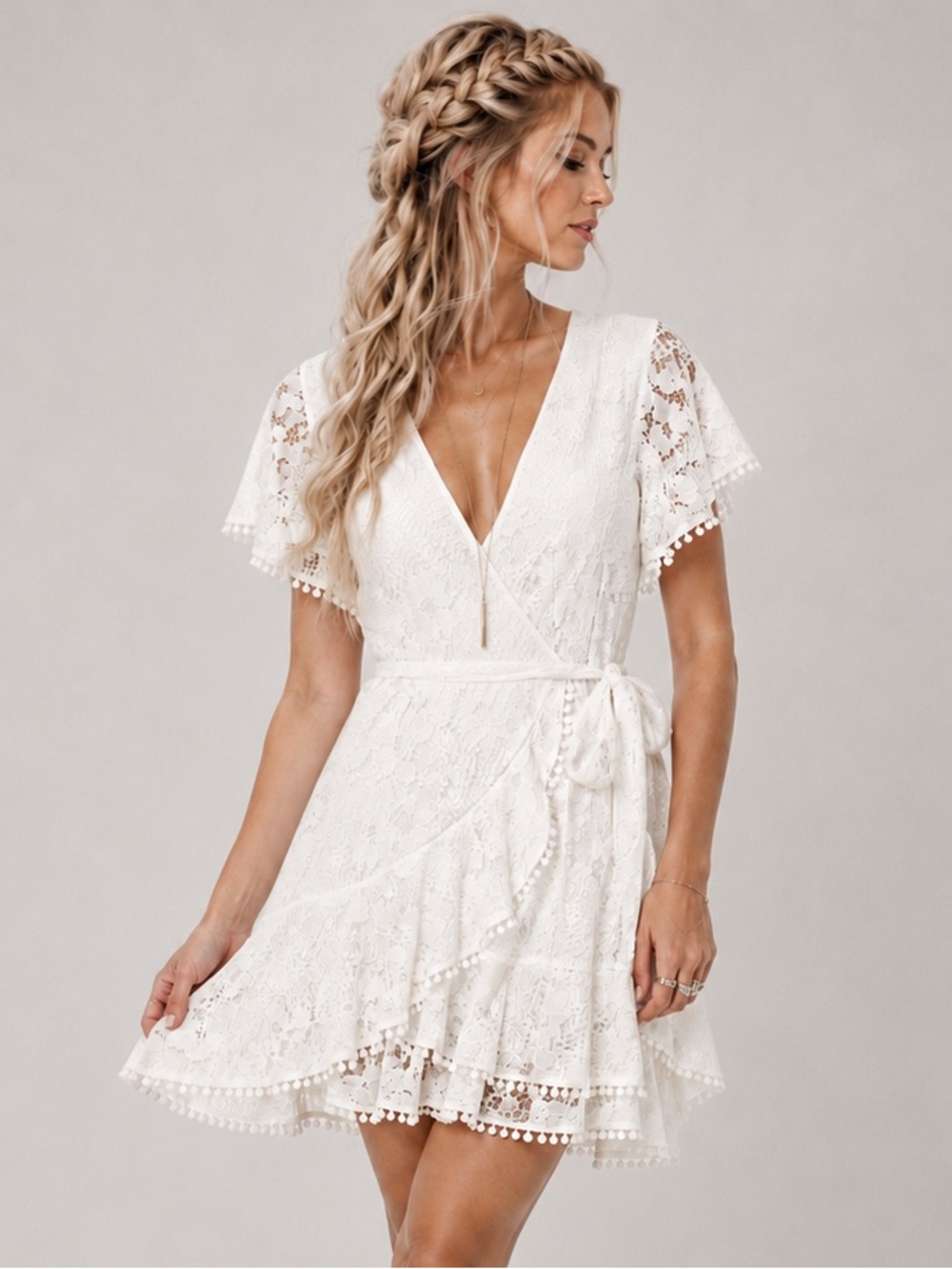 Saints + Secrets White Lace Faux Wrap Ruffle Mini Dress XS Bridal